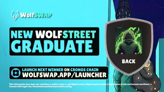 A WolfSwap promotional graphic for a 'New Wolfstreet Graduate' NFT, with instructions to launch the next winner on Cronos chain at wolfswap.app/launcher, featuring a hooded figure in a shield.