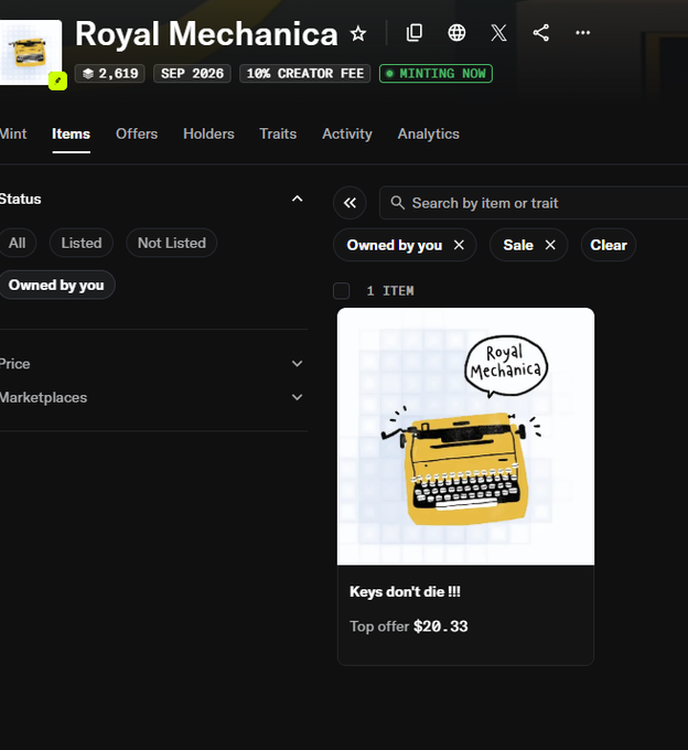 A screenshot of the 'Royal Mechanica' NFT collection page showing a yellow typewriter item with the text 'Keys don't die !!!' and a top offer of $20.33.