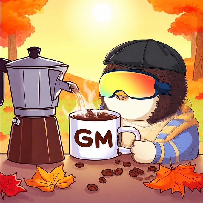 An illustration of a penguin wearing ski goggles and a beanie drinking coffee from a mug with 'GM' on it, with a moka pot beside it and autumn leaves in the background.