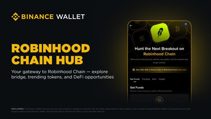 The image is a promotional banner for the "Robinhood Chain Hub" on Binance Wallet, featuring the Binance Wallet logo and a smartphone mockup displaying the hub interface with the tagline "Hunt the Next Breakout on Robinhood Chain," which aligns with the post about bridging funds to access trending tokens and yields on Robinhood Chain via Binance Wallet.