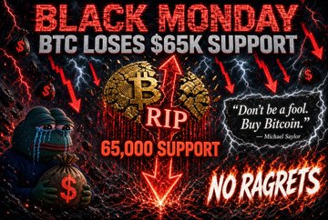 A dramatic graphic titled 'BLACK MONDAY' with text 'BTC LOSES $65K SUPPORT', 'RIP 65,000 SUPPORT', a Michael Saylor quote 'Don't be a fool. Buy Bitcoin.', and 'NO RAGRETS'.
