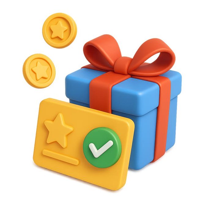 A 3D-rendered icon of a blue gift box with an orange ribbon and bow, accompanied by gold coins with star designs and a yellow card with a green checkmark.