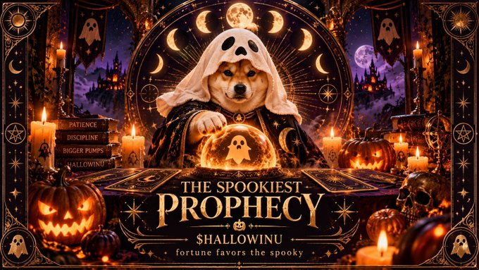 A digital illustration featuring a Shiba Inu dog dressed as a ghost fortune teller with the text 'THE SPOOKIEST PROPHECY' and '$HALLOWINU fortune favors the spooky' displayed at the bottom, surrounded by candles, pumpkins, and a glowing crystal ball.