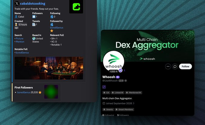The image shows Twitter/X profile cards for @cabaldotcooking (a trading/meme account with 0 followers, created 25 hours ago) and @whoosh (UseWhoosh), a multi-chain DEX aggregator with 1,200 followers that joined September 2025. These profile previews visually highlight two of the "early alphas" mentioned in the accompanying post about emerging crypto accounts to watch.