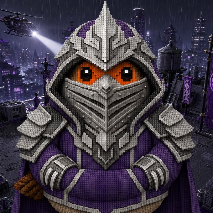 A pixelated, armored knight with glowing orange eyes and a purple and silver helmet stands on a rooftop overlooking a futuristic cityscape at night, with a helicopter flying nearby. The image, rendered in a voxel or pixel-art style, evokes a sense of heroic vigilance fitting for an NFT minted on the Robinhood platform, symbolizing a digital collectible warrior.