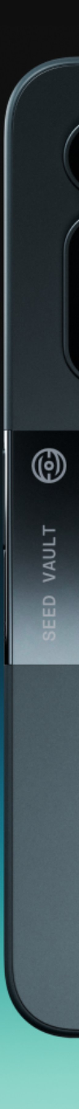 A close-up of a dark-colored smartphone showing its rear camera module with the text 'SEED VAULT' and a lock-like icon engraved on the side.