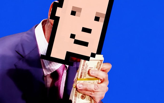 A man in a purple suit and pink tie holds a stack of hundred-dollar bills, with a pixelated cardboard-like face obscuring his features against a blue background.