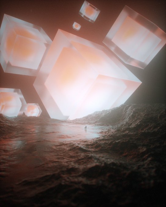 A small figure standing on a rocky shore facing glowing, translucent cube-shaped celestial bodies in a misty, dark environment.