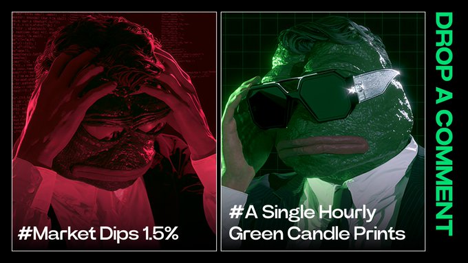 Two-panel meme featuring Pepe the Frog; left shows a red-tinted distressed Pepe captioned '#Market Dips 1.5%', right shows a green-tinted cool Pepe with sunglasses captioned '#A Single Hourly Green Candle Prints', with 'DROP A COMMENT' on the side.
