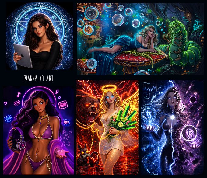 A collage of five digital fantasy illustrations by @ANNY_XO_ART featuring stylized female figures in magical and neon-lit settings, including themes of cryptocurrency and music.