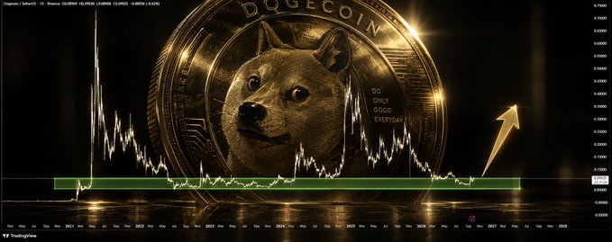 A gold Dogecoin commemorative coin featuring the Shiba Inu dog logo with 'DOGECOIN' and 'DO ONLY GOOD EVERYDAY' inscribed, set against a background chart of Dogecoin's price history with a golden upward arrow.