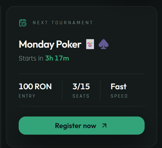 A poker tournament registration screen shows 'Monday Poker' starting in 3h 17m with 100 RON entry, 3/15 seats, Fast speed, and a 'Register now' button.