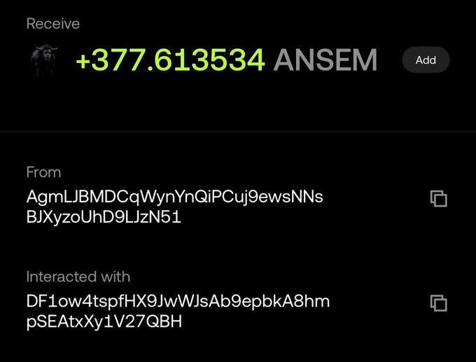 A cryptocurrency wallet screen showing a received amount of "+377.613534 ANSEM," sent from the address "AgmLJBMDCqWynYnQiPCuj9ewsNNsBJXyzoUhD9LJzN51" and interacted with contract "DF1ow4tspfHX9JwWJsAb9epbkA8hmpSEAtxXy1V27QBH."