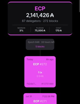 A cryptocurrency dashboard displays ECP token statistics with 2,141,426 A total supply, 87 delegators, 272 blocks, 3% margin, 75,000 A blocks, and 170 A cost, showing ECP #272 transactions.