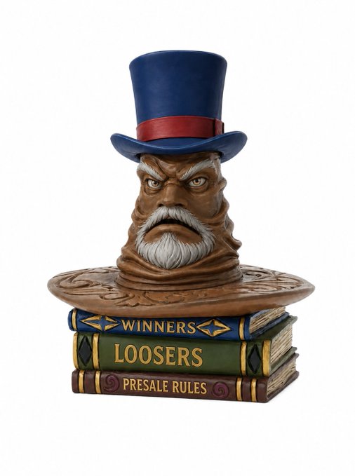 A bust of Uncle Sam with a stern expression sits atop a stack of three books titled "WINNERS," "LOOSERS," and "PRESALE RULES." The image reinforces the caption's message about being selective with holders, portraying an authoritative figure presiding over rules that separate winners from losers.