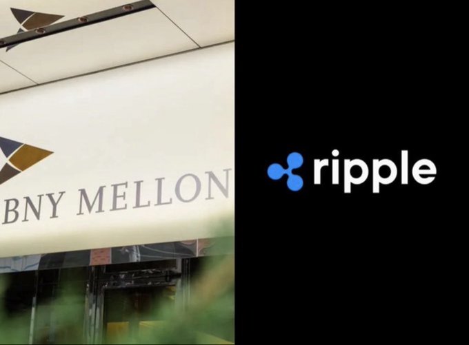 A split image showing the BNY Mellon bank signage on the left and the Ripple logo on the right, visually representing the partnership announced in the post where BNY Mellon ($62 trillion in assets) launched a blockchain-based fund ownership initiative in collaboration with Ripple ($XRP).