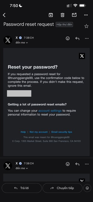 A mobile phone screenshot of a Twitter/X password reset request email sent to the account @truonggiangle99, displaying standard email formatting in dark mode.