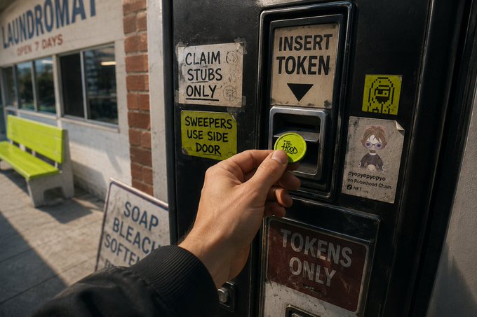 A hand inserts a token at a laundromat whose sign reads "LAUNDROMAT OPEN 7 DAYS," with notices including "INSERT TOKEN," "CLAIM STUBS ONLY," "SWEEPERS USE SIDE DOOR," and "TOKENS ONLY." The exchange of a token to claim something mirrors the project's fair-launch ethos: $THEHOOD trades token-for-NFT access via OpenSea, locking in revenue and supply instead of letting whales click-to-print the collection.
