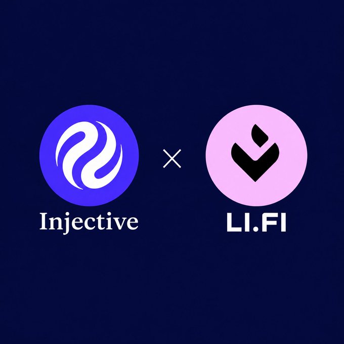 A promotional graphic showing a partnership between Injective (blue circular logo with white swirl) and LI.FI (pink circular logo with black chevron) on a dark blue background.