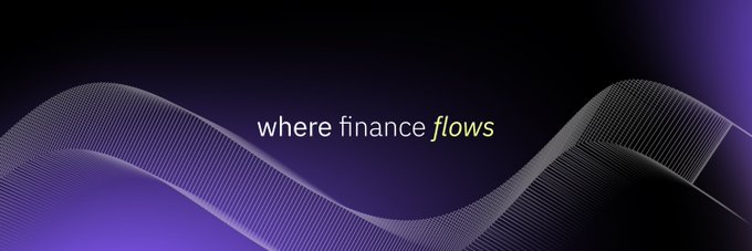 Dark purple banner with flowing wave lines and the text 'where finance flows' with 'flows' highlighted in yellow.