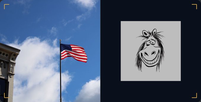 A split image shows an American flag waving against a blue cloudy sky on the left, paired with a black-and-white sketch of a grinning, cartoonish horse's head on the right.