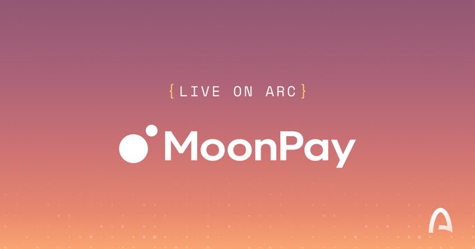 A gradient pink-to-orange promotional graphic displaying the MoonPay logo with the text '{LIVE ON ARC}' above it.