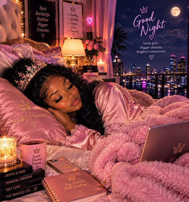 A glamour shot of a woman wearing a tiara and pink silk pajamas sleeping on a pink pillow that says 'Web3 Princess', with text 'Good Night' and motivational quotes like 'Bigger dreams, brighter tomorrows' against a nighttime city skyline.