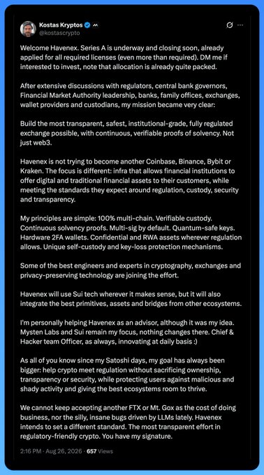 Screenshot of a Twitter post by Kostas Kryptos (@kostascrypto) dated Aug 26, 2026, announcing the launch of Havenex Series A with a focus on regulatory-compliant crypto infrastructure.