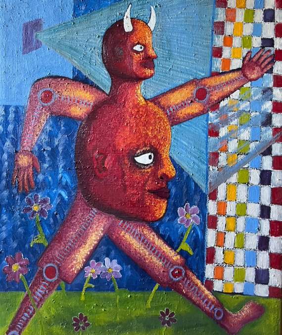 A vibrant, textured painting depicts a red, horned humanoid figure with two faces walking against a backdrop of blue, a checkered pattern, and purple flowers.