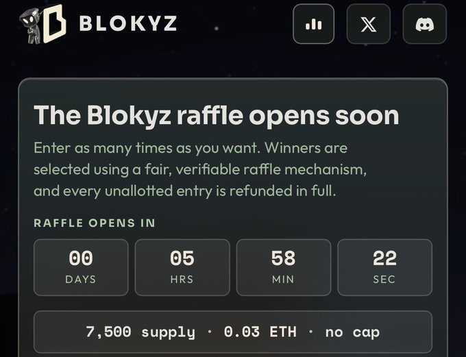 The image shows a countdown page for "The Blokyz raffle" with a timer showing 00 days, 05 hours, 58 minutes, and 22 seconds until it opens, offering 7,500 supply mints at 0.03 ETH with no cap and a fair, refundable raffle mechanism. It directly relates to the post by highlighting one of the exciting mint opportunities teased by tagging @OriginalBlokyz and the other mentioned creators.