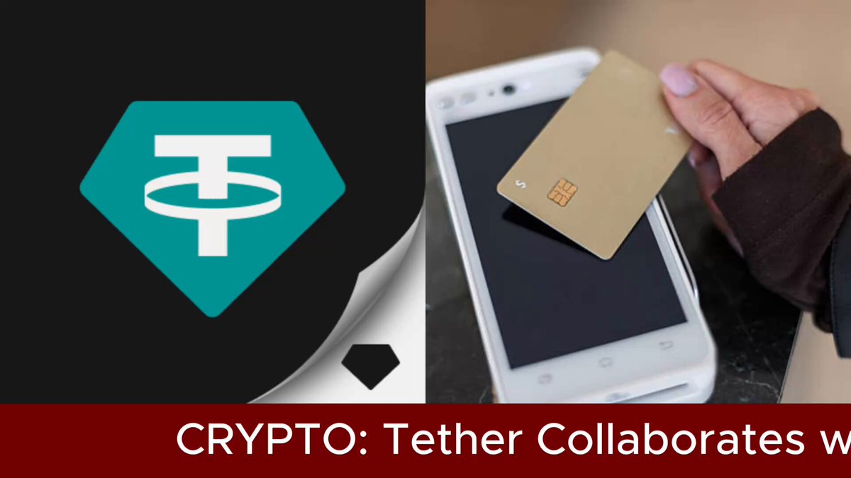 The image features a person holding a credit card over a cell phone, which displays the text "CRYPT: Tether collaborates with Fasset to launch the world's first gold-backed Visa card @Tether". The main focus of the image is on the credit card being held by the person.