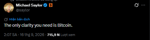 A tweet from Michael Saylor (@saylor) with the caption 'The only clarity you need is Bitcoin.' posted at 2:07 SA on September 16, 2026.