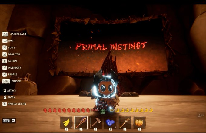 Screenshot from the indie game 'Primal Instinct' showing a small chibi-style character in a cave-like arena with health/mana bars, hotbar items, and keybind controls (TAB Leaderboard, LMB Attack, etc.).