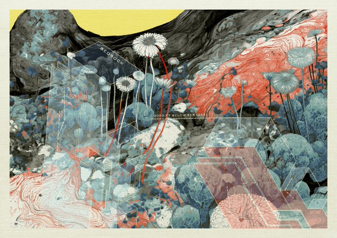 An artistic illustration with text '3000 FT BELOW SEA LEVEL' showing a surreal landscape of mushroom-like growths and geometric transparent structures overlaid on flowing marbled patterns in blue, orange, and yellow.