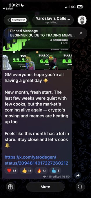 A Telegram message screenshot from 'Yaroslav's Calls' showing a crypto trading post with pinned message 'BEGINNER GUIDE TO TRADING MEME' and a greeting: 'GM everyone, hope you're all having a great day.'