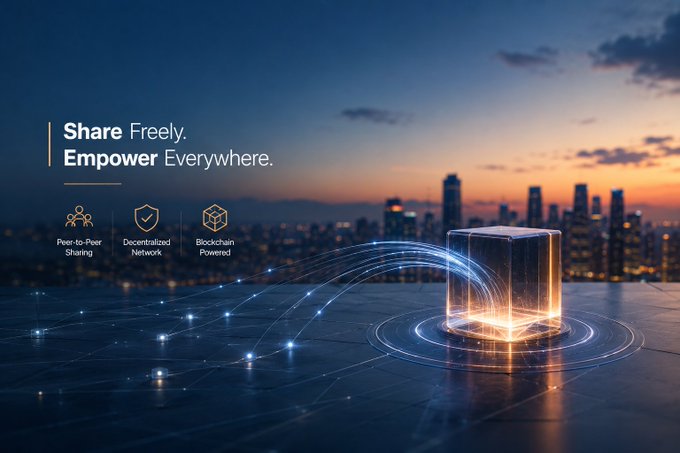 A promotional graphic with the text 'Share Freely. Empower Everywhere.' features icons for Peer-to-Peer Sharing, Decentralized Network, and Blockchain Powered against a city skyline sunset backdrop.