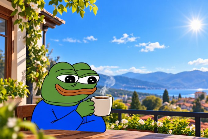 A cartoon Pepe the Frog character in a blue shirt sits at an outdoor table holding a steaming mug, with a scenic view of mountains, sea, and a sunny Mediterranean-style landscape in the background.