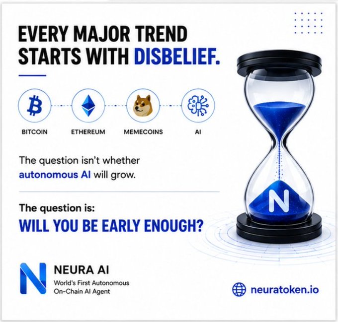 A promotional graphic for Neura AI (neuratoken.io) titled 'Every Major Trend Starts With Disbelief,' comparing the rise of Bitcoin, Ethereum, Memecoins, and AI, with the question 'Will You Be Early Enough?'