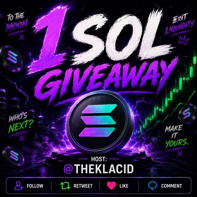 A bold purple-and-black giveaway graphic featuring a Solana coin announces a "1 SOL GIVEAWAY" hosted by @THEKLACID, with surrounding text like "TO THE MOON," "EXIT LIQUIDITY," "WHO'S NEXT?" and "MAKE IT YOURS." The image visually reinforces the post's 1 SOL prize giveaway, highlighting engagement actions (Follow, Retweet, Like, Comment) and aligning with the post's rules for entry.
