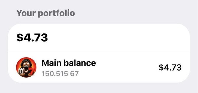 A digital portfolio screenshot shows a main balance of $4.73 alongside an avatar of a person wearing a headset with dice.