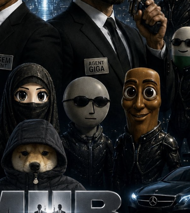 The user wants a concise caption for the image.
I need to identify the key elements:
- It's a movie poster parody or fan art.
- The title at the bottom says "NIR" (likely "MIB" - Men in Black, but stylized).
- There are characters that look like NPCs (Non-Player Characters) from video games or AI.
    - A dog in a hoodie (looks like Doge or similar meme dog).
    - A character with a smooth, grey, featureless head (resembling an NPC model).
    - A character with a wooden, smiling face (resembling a generic 3D model or NPC).
    - A character in a niqab/burqa with large anime-style eyes (resembling a specific game character or generic NPC aesthetic).
    - A character in a suit with a name tag "AGENT GIGA".
    - A character in the background holding a gun.
- The text "$