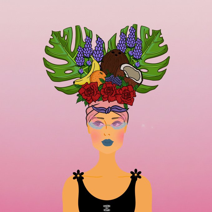 An illustrated portrait of a woman with an elaborate headdress made of tropical leaves, flowers, coconuts, bananas, and oranges, set against a pink gradient background.