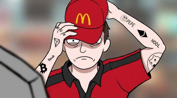 A cartoon McDonald's employee wears a red cap with the golden arches logo and displays various crypto and meme coin tattoos including 'PEPE', 'HODL', '1inch', and a Bitcoin symbol.