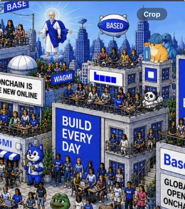 An illustration of the Base ecosystem featuring the text 'ONCHAIN IS THE NEW ONLINE', 'BUILD EVERY DAY', 'WAGMI', and 'BASED', with a figure resembling Jesus appearing above the city.