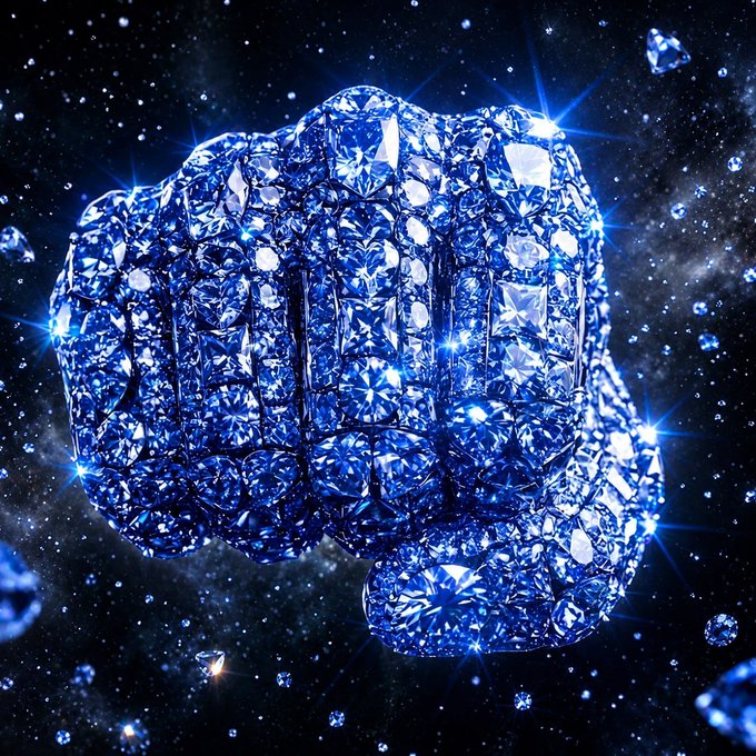 A glittering blue crystal fist formed from blue gemstones, set against a dark, starry cosmic background with floating crystal fragments.