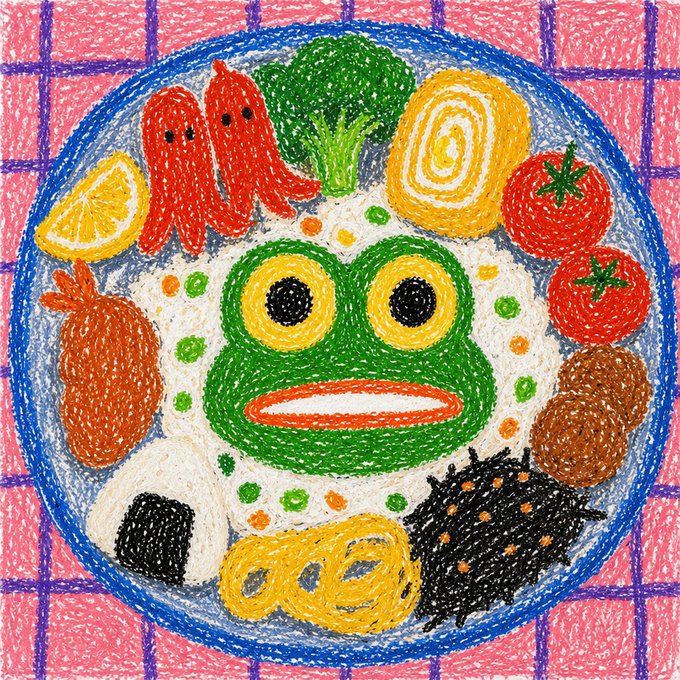 A colorful crayon-style drawing of a frog face surrounded by various foods including red peppers, broccoli, tomatoes, shrimp, and lemons arranged on a plate.