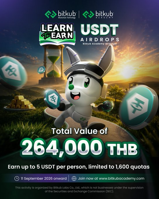 A promotional poster for Bitkub Academy's "LEARN TO EARN" USDT airdrops event, featuring a cartoon mascot and a total value of 264,000 THB.