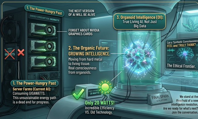 An infographic contrasting traditional power-hungry data servers (gigawatts) with a futuristic 20-watt Organoid Intelligence (OI) system, featuring text like "FinalSpark - OI Platform," "The Ethical Frontier," and "Can a Synthetic Consciousness FEEL and TRULY THINK?" to visualize the shift from silicon computing to biological "growing machines."