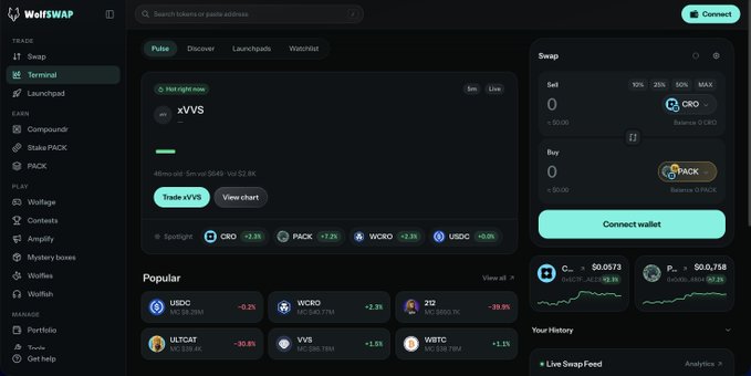 A desktop screenshot of the WolfSwap decentralized exchange interface, showing a token swap menu for CRO to PACK, popular token prices including USDC, WCRO, Z12, VLTCAT, VVS, and WITC, and a sidebar menu with options like Wolfens, WoltSwap, and Portfolio.