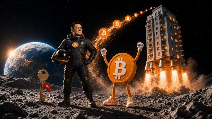 A surreal digital artwork showing a man in a spacesuit standing on the moon next to an anthropomorphic Bitcoin coin, with a rocket-powered building and Earth visible in the background.